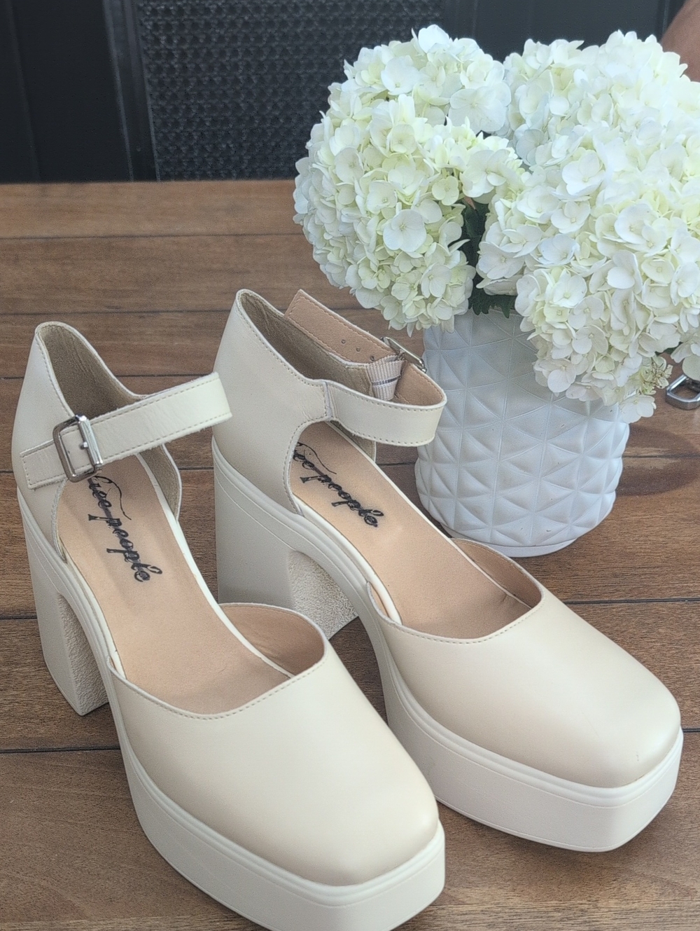 Free People Chunky Platform Ankle-Strap Pumps in Off White